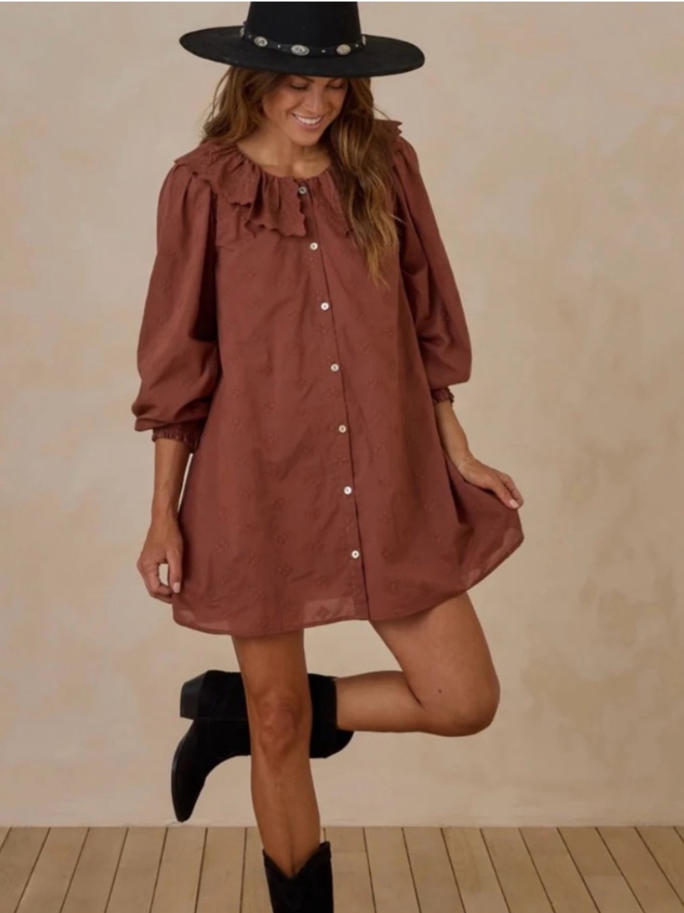 Rylee and Cru Ruffle Collar Button-Front Dress in Brick